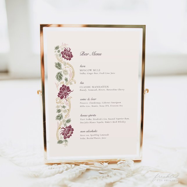 Burgunder Blommig Art Nouveau Bar Meny Skylt (Burgundy floral Art Nouveau Bar Menu sign)