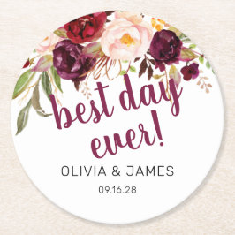 Burgunder Blommig Bästa Dagen Någonsin Bröllopsgåv Underlägg Papper Rund