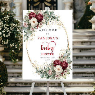 Burgunder Blommig Boho Baby Shower Välkomstaffisch Poster