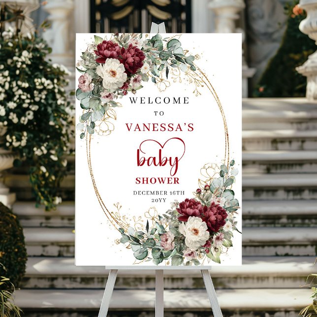 Burgunder Blommig Boho Baby Shower Välkomstaffisch Poster (Burgundy Floral Boho Baby Shower Welcome)