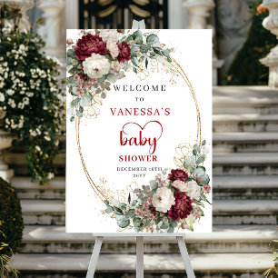 Burgunder Blommig Boho Grönska Baby Shower Välkomm Poster