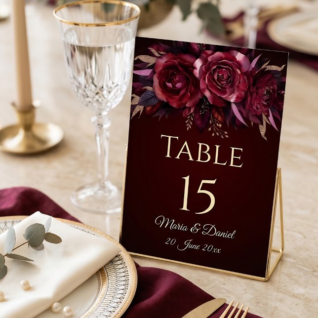 Burgunder Blommig Bröllops Bordnummer Bordsnummer (Burgundy Floral Wedding Table Number)