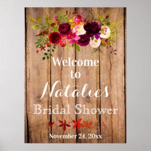 Burgunder Blommig Bröllopsfest Välkomstaffisch Poster