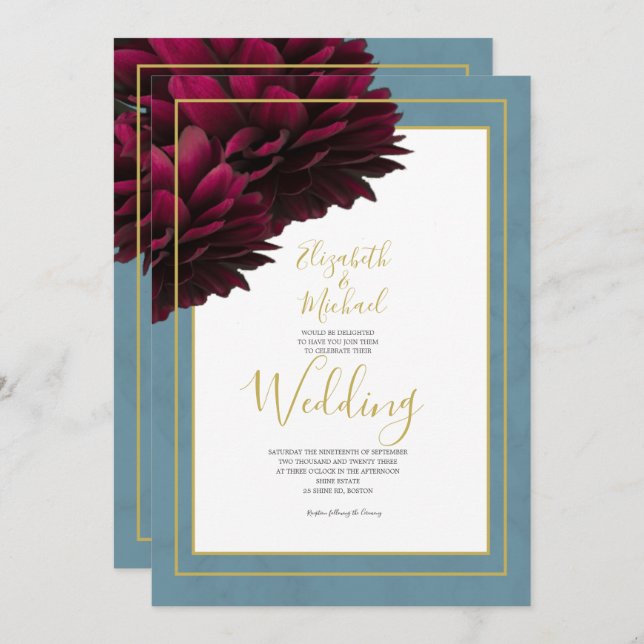 Burgunder Blommig Dammig Blå Guld Elegant Bröllop Inbjudningar (Fram/baksida)