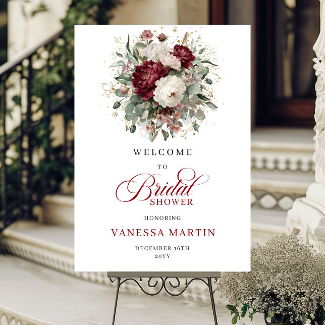 Burgunder Blommig Eukalyptus Guld Bröllops-Välkoms Poster (Burgundy Floral Eucalyptus Gold Bridal Welcome Sign

)