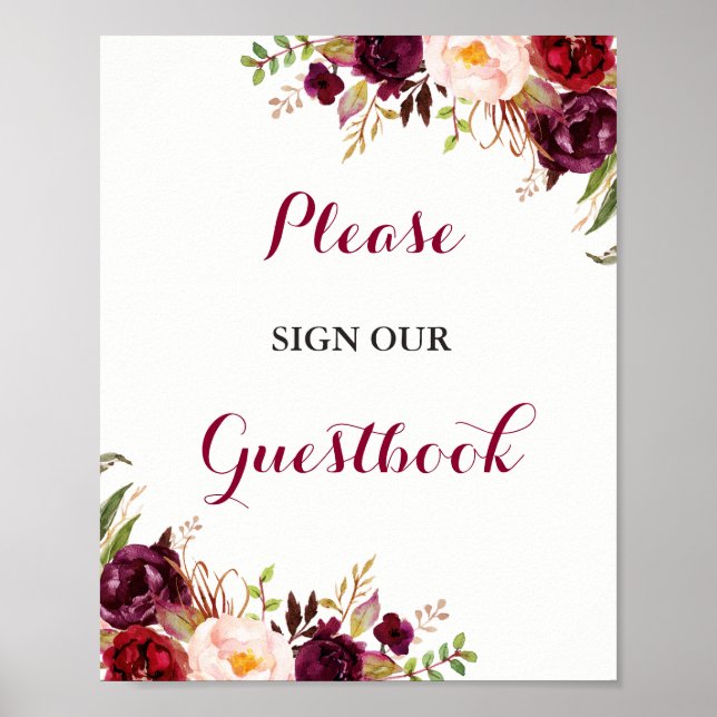 Burgunder Blommig Gästbok Bröllopsskylt Poster (Framsidan)
