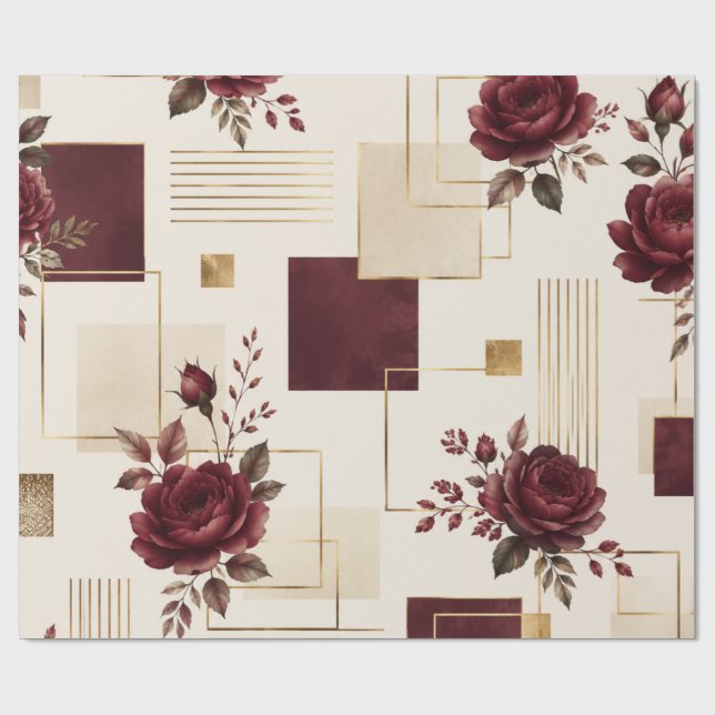 Burgunder Blommig Geometrisk  Presentpapper (Platt)