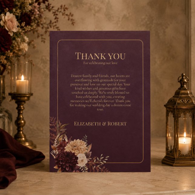 Burgunder Blommig Gotisk Bröllop Tacksamhetskort Tack Kort (Burgundy Floral Gothic Wedding Thank You Card)