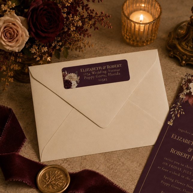 Burgunder Blommig Gotisk Bröllopsadressetikett Returadress Etikett (Burgundy Floral Gothic Wedding Address Label)