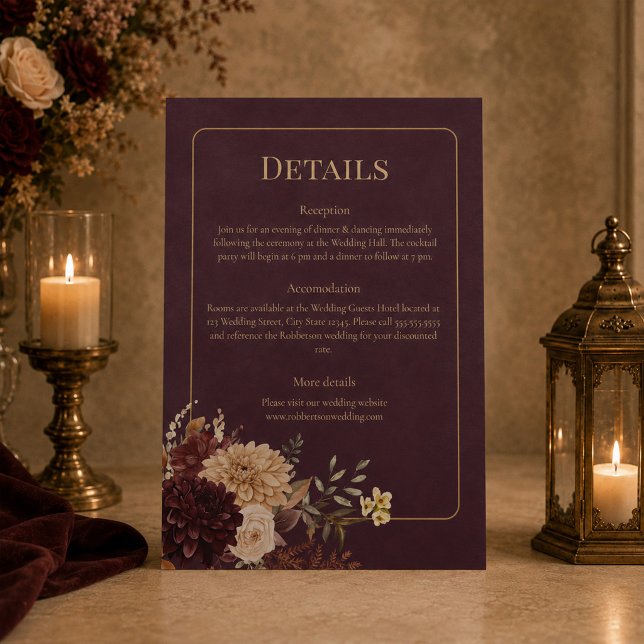 Burgunder Blommig Gotisk Bröllopsdetaljkort Inbjudningar (Burgundy Floral Gothic Wedding Details Card)