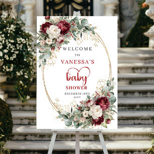 Burgunder Blommig Grönska Baby Shower Välkomstskyl Poster
