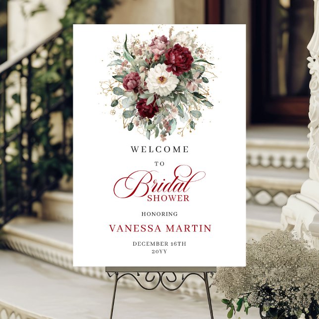 Burgunder Blommig Guld Bröllopsdusch Välkommen Poster (Burgundy Floral Gold Bridal Shower Welcome)