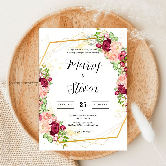 Burgunder Blommig Guld Polygonal Geometrisk Bröllo Inbjudningar (Burgundy Floral Gold Polygonal Geometric Wedding)