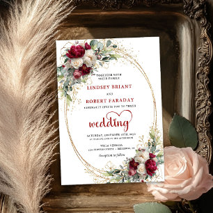 Burgunder Blommig Guld Ram Elegant Bröllopsinbjuda Inbjudningar