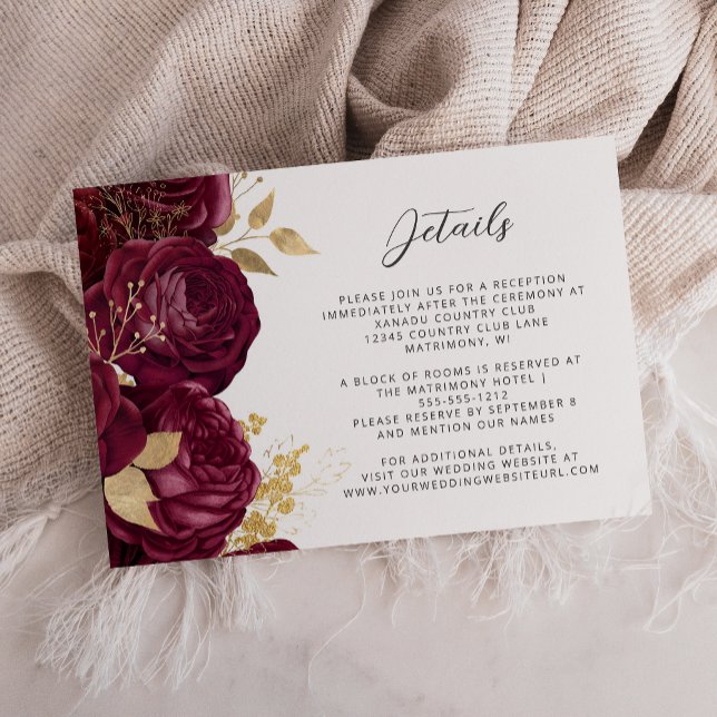 Burgunder Blommig Guld Script Bröllopsdetaljer  Tilläggskort (Skapare uppladdad)
