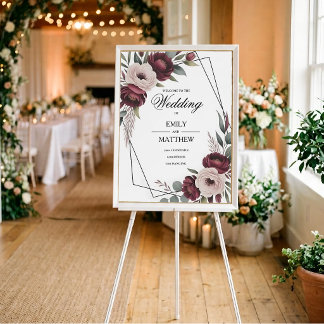 Burgunder Blommig Inramad Bröllopsaffisch Poster
