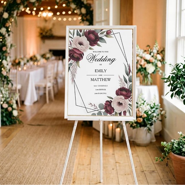 Burgunder Blommig Inramad Bröllopsaffisch Poster (Skapare uppladdad)