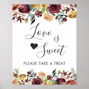 Burgunder Blommig Kärlek Är Söt Efterrätssköldsats Poster
