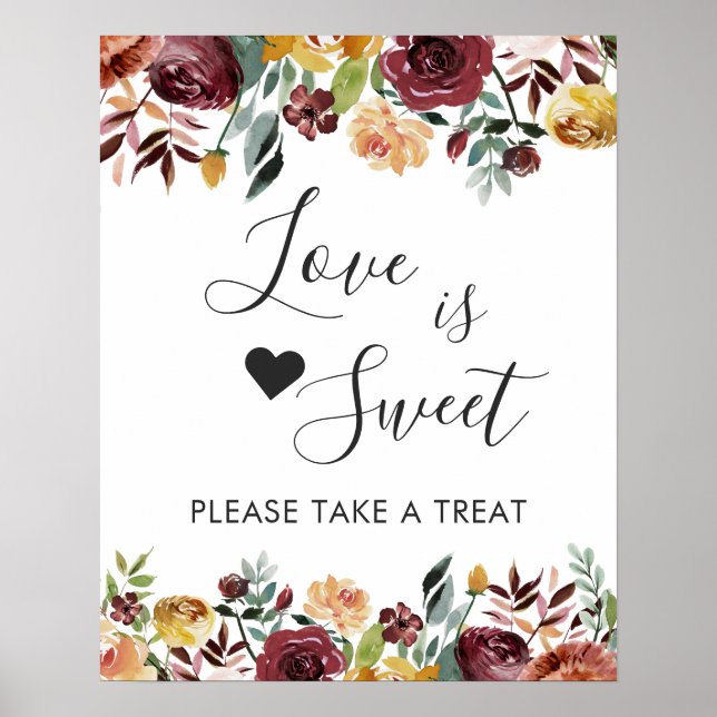 Burgunder Blommig Kärlek Är Söt Efterrätssköldsats Poster (Framsidan)