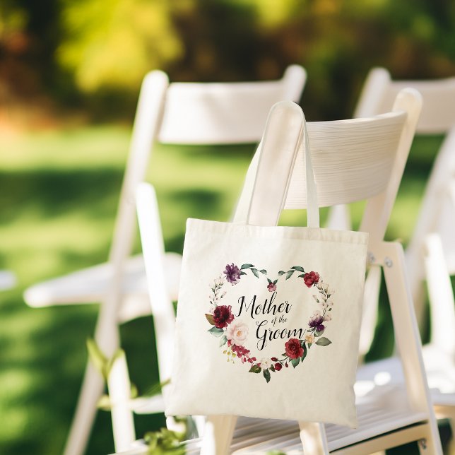 Burgunder Blommig Krans Mor till Brudgummen Tygkasse (Burgundy Floral Wreath Mother of the Groom Tote Bag)