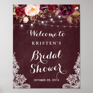 Burgunder Blommig Ljussilkesbroderi Bröllopsduschs Poster