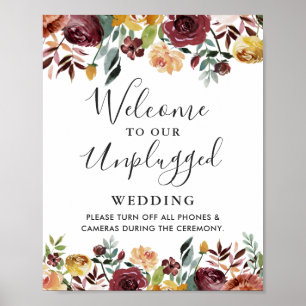Burgunder Blommig Opluggad Bröllopsskylt Poster