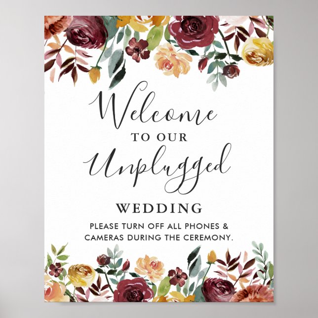 Burgunder Blommig Opluggad Bröllopsskylt Poster (Framsidan)