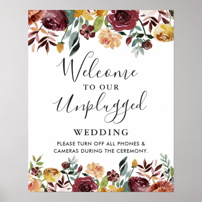 Burgunder Blommig Opluggad Bröllopsskylt Poster (Framsidan)