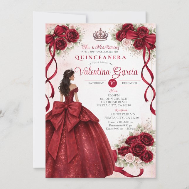 Burgunder Blommig Quinceañera Inbjudan (Framsida)