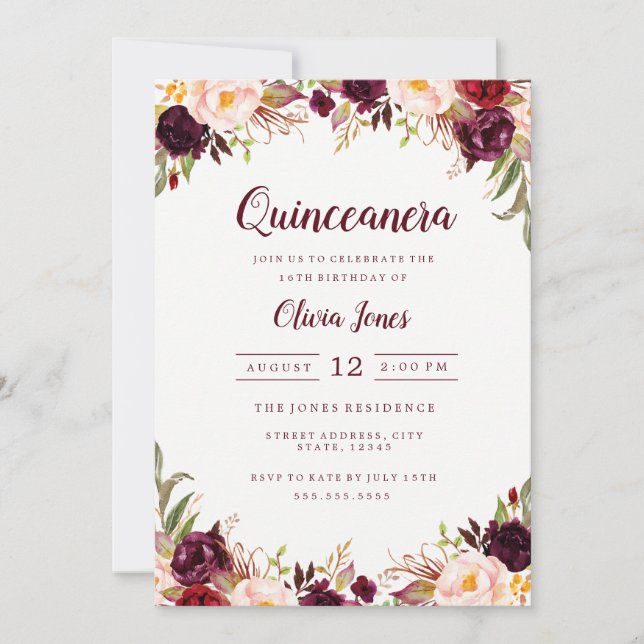 Burgunder Blommig Quinceanera Inbjudan (Framsida)