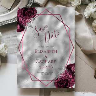 Burgunder Blommig Silver Polygonal Save the Date Inbjudningar