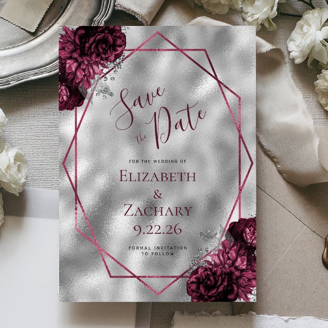 Burgunder Blommig Silver Polygonal Save the Date Inbjudningar (Skapare uppladdad)