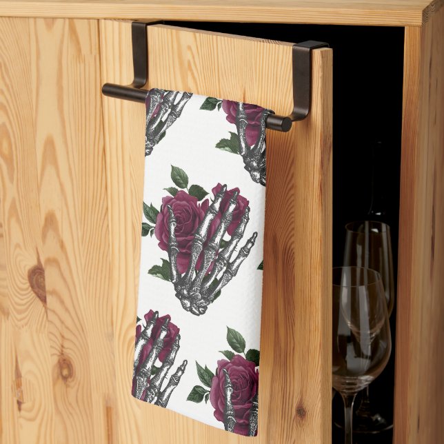 Burgunder Blommig Skelett Hand Gotisk Kökshandduk (Thirds Fold)