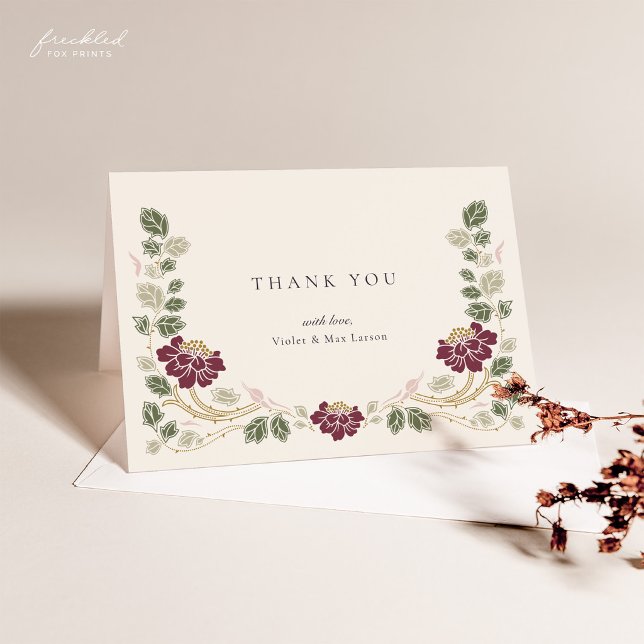 Burgunder Blommig Tacksamhetskort Tack Kort (Burgundy Floral Art Nouveau Wedding Thank You Notecard)