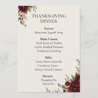 Burgunder Blommig Thanksgiving Middagsmeny Spara Datumet