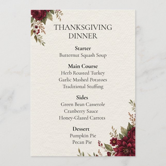 Burgunder Blommig Thanksgiving Middagsmeny Spara Datumet (Framsida)