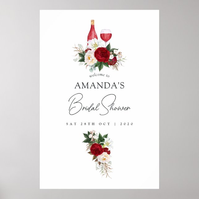 Burgunder Blommig Vinträffning Bröllopsfest Välkom Poster (Framsidan)