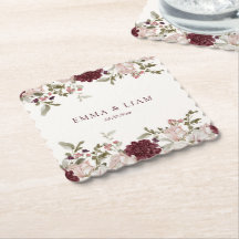 Burgunder Blommiga Bröllops Pappers Coasters