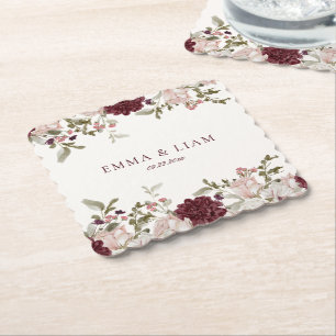 Burgunder Blommiga Bröllops Pappers Coasters Underlägg Papper