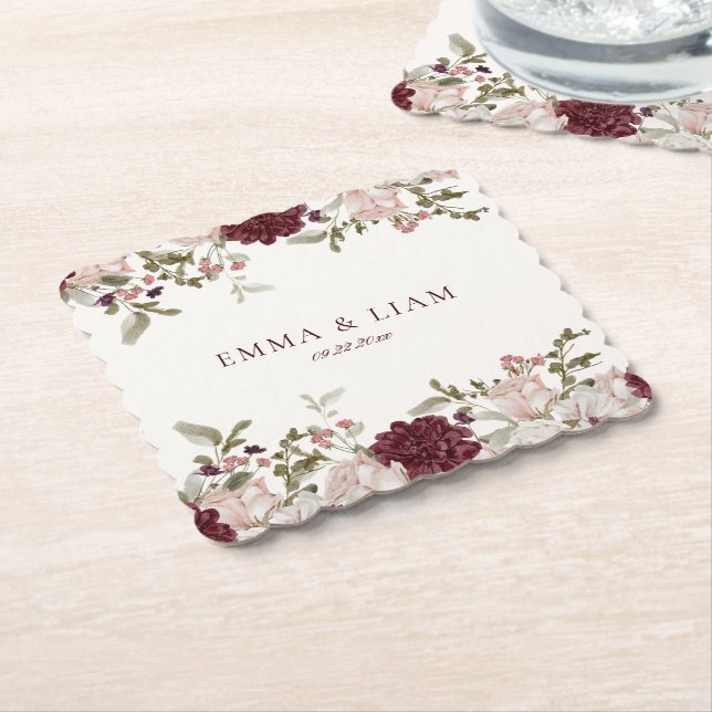 Burgunder Blommiga Bröllops Pappers Coasters Underlägg Papper (Vinklad)