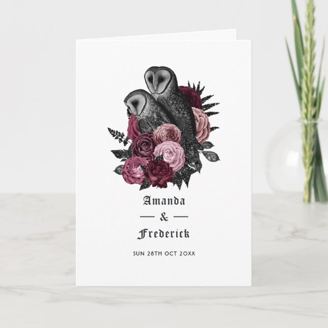 Burgunder Blommiga Ugglor Gotiskt Bröllop Program (Framsida)