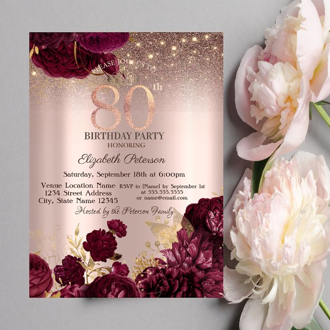 Burgunder Blommor Glitter Roséguld 80-årsdag Inbjudningar (Skapare uppladdad)