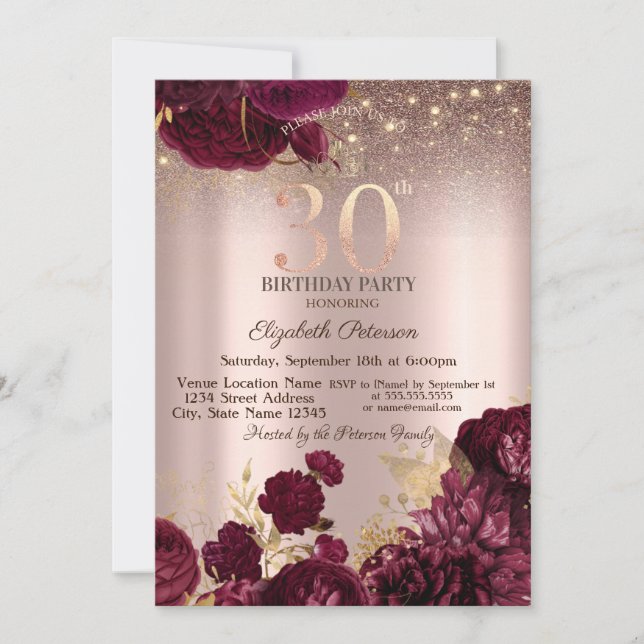 Burgunder Blommor Glitter Rosguld 30-årsdag Inbjudningar (Framsida)