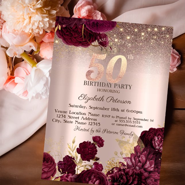Burgunder Blommor Glitter Rosguld 50-årsdag Inbjudningar (Skapare uppladdad)