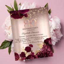 Burgunder Blommor Glitter Rosguld 80-årsdag
