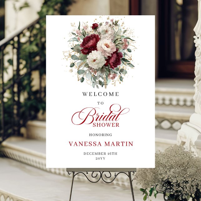 Burgunder Blommor Grönska Guld Bröllops Välkomstsk Poster (Burgundy Flowers Greenery Gold Bridal Welcome Sign

)
