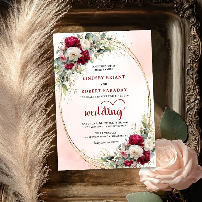 Burgunder Boho Blommig Bröllopsinbjudan Guld Ram Inbjudningar (Burgundy Boho Floral Wedding Invitation Gold Frame)