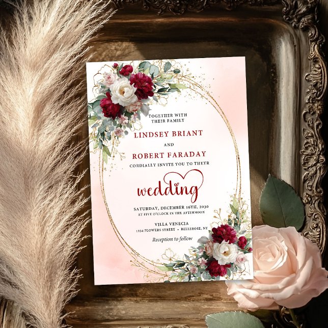 Burgunder Boho Blommig Lyx Bröllopsinbjudan Inbjudningar (Burgundy Boho Floral Luxury Wedding Invitation)