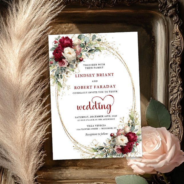 Burgunder Boho Botanisk Blommig Bröllopsinbjudan Inbjudningar (Burgundy Boho Botanical Floral Wedding Invite)