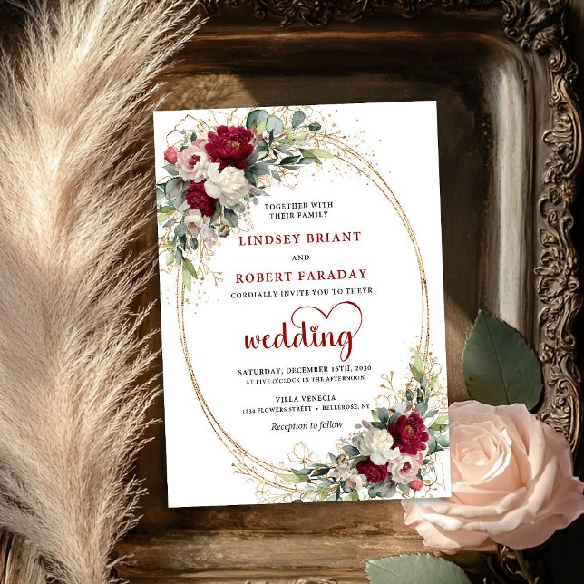 Burgunder Boho Chic Guld Bröllopsinbjudan Inbjudningar (Burgundy Boho Chic Gold Wedding Invitation)